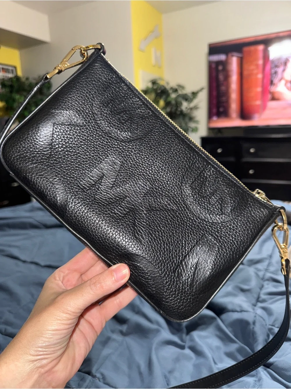 Michael Kors Black Embossed Logo Leather Wristlet with Gold Hardware
